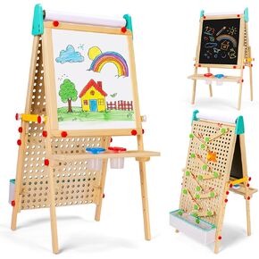 WINGYZ Kids Easel Wooden Marble Run for Kids, 4-in-1 Toddler Art Easel for 3+ Painting Station Stand Drawing, Double-Sided 6 Heights Black Chalkboard Magnetic Whiteboard Paper Roll Holder