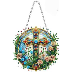 Apomelo Diamond Art Painting Kit DIY Diamond Art Hanging Sign Wreath Kit Hanging Pendant Ornament for Wall Decor,Flowers Bloom Cross