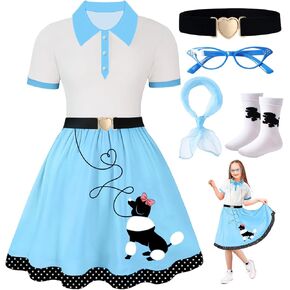 تنورة Poodle ، زي الخمسينيات من القرن الماضي للفتيات ، زي قفزة Sock 5pc 1950 مع النظارات ، حزام ، وشاح وجورب لجميع القديسين