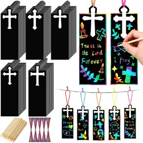Eersida 100 Pcs Easter Cross Scratch Cards Cross Ornaments DIY Scratch Bookmarks Paper Cards Rainbow Color Craft Kit Scratch Off Paper Religious Party Favors Christian Birthday Gifts Church Decor