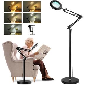 Veemagni 10X Magnifying Glass with Light and Stand, 3-in-1 Adjustable Swing Arm Magnifying Floor Lamp, 5 Color Modes, Stepless Dimmable Lighted Magnifier Hands Free with Clamp for Close Works, Crafts
