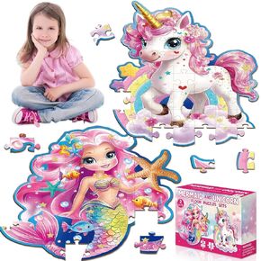 ZOIIWA Unicorn and Mermaid Floor Puzzles for Girls Age 4-6 3-8 Large Mermaid Unicorn Shape Puzzle Set for Kids Jumbo Mermaid Puzzles for Toddler Unicorn Toy Gifts Birthday Party Favors