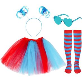 Hoyuwak 4 PCS مجموعة أزياء Halloween Tulle Tuulle ، بما في ذلك نظارات واحدة على شكل قلب أزرق ، 1 تول تول ، واحد من عصابات ذيل ذيل الأزرق ، جوارب مخططة حمراء وزرقاء للنساء