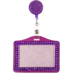 Fashion Retractable Purple Crystal Neck Lanyard,Portable Bling ID Name Badge Holder,Rhinestone Work Badge Reel Clip for Nurse,Doctor,Teacher,Women(Horizontal Card Holder)