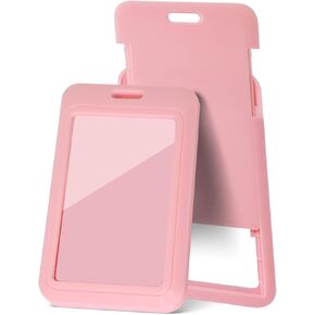 2 Pcs Sliding Vertical ID Badge Holder with Clear Badge Protectors, and Lightweight Hard Plastic Card Holders, Durable and Easy Access Design for ID Badges, Name Tags, and Access Cards, Pink