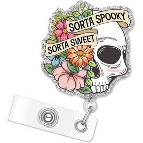 ERHACHAIJIA Sorta Spooky Sorta Sweet Retractable Silver Glitter Badge Reel with Clip, Funny Halloween Skeleton ID Card Badge Holder Gift for Night-Nurse Doctors Nurses Social Worker Office Worker