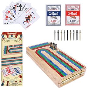 GOTHINK Folding Cribbage Board Game Set, Classic Wooden Cribbage Boards Game for Family Fun, 9 Multi-Colored Pegs, 3 Tracks, Red Green Blue Pegs for 2-3 Players