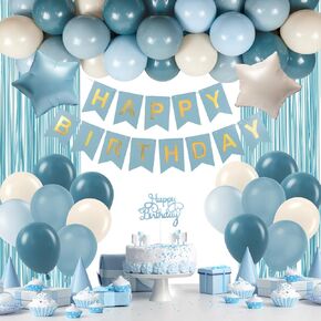 Blue Birthday Decorations for Men with Sand White Light Slate Dusty Blue Balloons Happy Birthday Banner Light Blue Fringe Curtains for Birthday Party Decorations