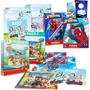 6 Pack Bluey, Spiderman, and Paw Patrol 24 Piece Jigsaw Puzzles Set - Bundle with 6 Assorted Puzzles for Boys Plus Stickers, More | Puzzle Pack for Kids Ages 4-8