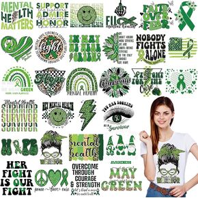 Estune 30 Pcs Green Ribbon Iron on Transfers Iron on Decals Patches Heat Transfers Vinyl Decals for Clothes Bag Covers DIY Decorations