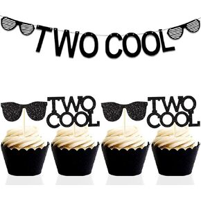 Set of 25 LaVenty Two Cool Banner Black Glittery Two Cool Cupcake Topper Sunglasses Party Supplies Decoration