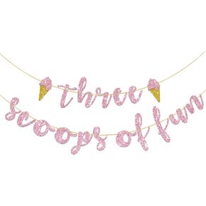 Three Scoops of Fun Birthday Banner, Ice Cream 3rd Birthday Decorations for Girls, Summer Ice Cream Theme Three is So Sweet Birthday Party Supplies, Pink Glitter