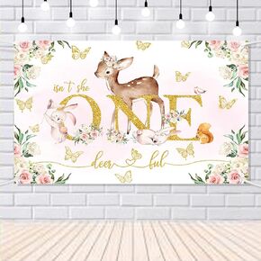 Deer 1st First Birthday Banner for Girls Isn't She One-Deer-ful Party Backdrop Pink Floral Gold Butterfly Bunny Decorations Supplies Sweet One Princess Bday Party Decor Banner Props