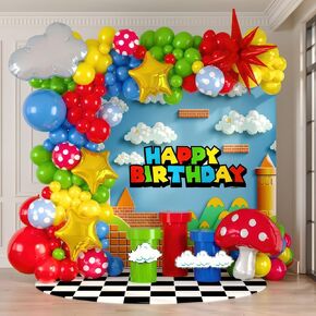 Red Blue green Yellow balloon garland Kit 130Pcs with Cloud mushroom Star balloons for Cartoon & Video Game theme Super bros Birthday inspired Party Decorations