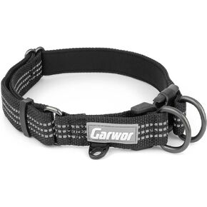 Garwor Reflective Dog Collar with Double D-Ring, Soft Neoprene Padded, Extra ID Tag D-Ring Attached, Buckle Adjustable Safety Nylon Pet Collars for Large Dogs(L, Black)