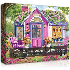 Flower Garden Puzzles for Adults 1000 Pieces, Nature Spring Floral Cat Jigsaw Puzzle, Gardening Plant Flower Puzzle Kitten, Colorful Cottage House Garden Puzzle