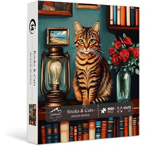 Cat 1000 Piece Puzzle for Adults, PICKFORU Vintage Book Jigsaw Puzzles, Cute Kitten Puzzle, Difficult Challenging Bookshelf Library Puzzle for Book Lover