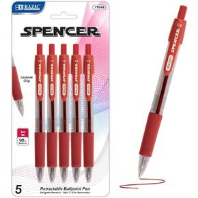 BAZIC Ballpoint Pen Spencer Red Retractable Pen Soft Barrel Grip Pens, 1.0 mm Bold Point Smooth Writing, for Office School Teacher (5/Pack), 1-Pack