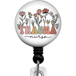 Trauma Nurse Flowers Retractable ID Card Badge Holder with Alligator Clip, Name Nurse Decorative Badge Reel Clip on Card Holders, Small, Black, Dtyoeer55