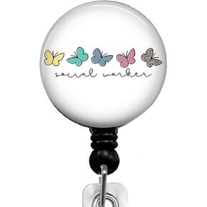 Social Worker Butterfly Retractable ID Card Badge Holder with Alligator Clip, Name Nurse Decorative Badge Reel Clip on Card Holders