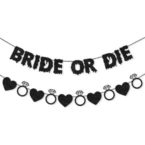 Bride or Die Banner Bachelorette Party Decorations for Women Girls, Ring Black Heart Garland Bride to Be Sign Halloween Gothic Bridal Shower Engagement Wedding Party Supplies