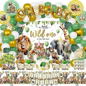MPANWEN SAFARI JUSH JUNGLE DEBARITIONS ، 187pcs A Wild One On the Way Animal Party Supplies Decor for Boy Girl Baby Showers - Banners ، tablecloth ، Mencedpomes ، Fans Pompoms ، Thank You Cards