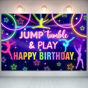 Gymnastics Birthday Banner Backdrop Gymnastics Party Decorations for Girls Gymnastics Jump Tumble Play Birthday Banner Background Neon Gymnastics Photography Backdrops for 10th Girl
