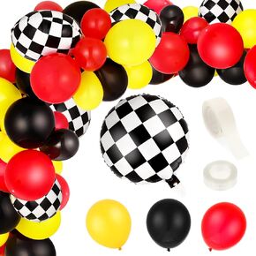 Sumind 121 Pieces Balloon Garland Race Car Birthday Party Supplies Race Cars Theme Birthday Party Decorations Checkered Foil Balloons Decoration