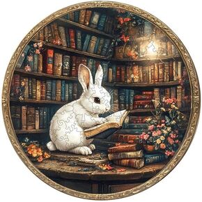 Jigfoxy Wooden Puzzles for Adults, Magic Library Rabbit Wood Puzzles Adult, Unique Animal Shape Wooden Jigsaw Puzzles for Adults, Birthday Gifts for Puzzle Lovers, Family(S-8.5 * 8.5in-100pcs)