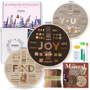 ETSPIL Find Your Joy Beginner Embroidery Kit,3 Pack DIY Starter Kits for Adults with 42 Stitch, Stamped Patterns, Floral Designs, Embroidery Hoop, Colorful Floss, Video Tutorials, and Storage Bag