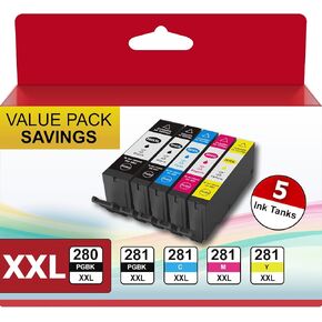 280XXL 281XXL Ink Cartridges Compatible for Canon 280 281 Ink cartridges PGI-280XXL CLI-281XXL Work with Canon TR8620a TR8600 TR8520 TR8622a TS702a TS9521C TS9520 (5 XXL Pack)