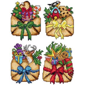 Counted Cross-Stitch Kit on Plastic Canvas with Christmas Trees. 4 Winter Ornaments Different Dimensions 141CS. Superb for Art & Craft Amateurs