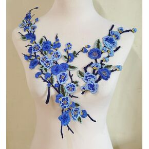 1set Quince Sakura Flower Embroidery Iron On Applique Patch(1set =2pcs) (Sapphire)