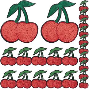 INFUNLY 22PCS Cherry Sequin Patches 3 Sizes Red Cherry Iron on Patches Fruit Pattern Appliques for Clothing Shiny Cherry Cloth Patches Sequin Cherry Embroidered Applique Patches for DIY Accessories