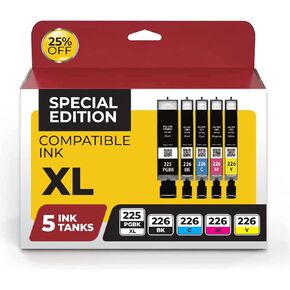 for Canon PGi-225 and Cli-226 Ink Cartridges Value Pack. Includes 1 PGi-225 Black, 1 Cli-226 Black, 1 Cyan, 1 Magenta, and 1 Yellow Ink Cartridges