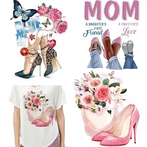 Flower Iron on Decals Patches Mother’s Day Iron on Transfers Sticker Floral High Heels Butterfly Design Washable Hot Heat Transfer Vinyl Stickers T-Shirt Backpacks Families Clothing DIY Applique