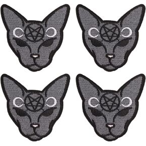 Ximimark 4 PCS Evil Pentagram Cat Iron on Patch Satanic Star Moon Witchy Goth Pagan Biker Bagde Bagde