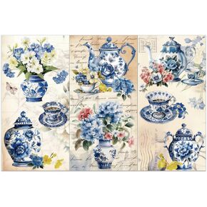 OLYCRAFT 3pcs/Set Vase Rub on Transfers for Furniture and Crafts 6x12 inch Blue and White Porcelain Decor Transfer Stickers Hydrangea Rub on Decals for Wood Furniture Scrapbooking Home Decorations