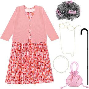 100 Days of School Costume Old Lady Granny Wig Glasses Cane Pink Cardigan Sweater Dress for Grandma Dress Up