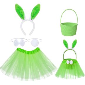 Tutu Easter Baskets Easter Costume Ruffled Tulle Fluffy Ears and Bunny Headband Bow Tie Tail Party Favors Gift for Girls DIY Egg Playset Decorations(Pink)