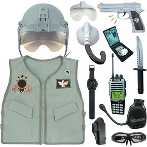 RedCrab Fighter Air Pilot Captain Hat Pilot Costume Playset,10pcs Air Force Dress Up Role Play Set with Helmet, Halloween Party Cosplay Supplies for 3-12 Years Old