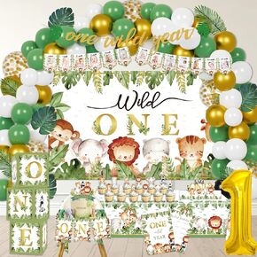 MPANWEN WILD One Decortations for Boys Girls ، 134 PCS Jungle Safari Safari Safari Supplies for Baby - Backdrop ، Banner ، Cake ، Cupcake Topers ، TableCloth ، Palm Part