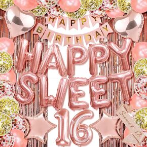 Happy Sweet 16 Balloons 16th Birthday Decorations For Girl 16 Birthday Decorations For Girls 16 Letter Balloon Numbers Happy 16th Birthday Banner Decor Rose Gold sixteen Girl Birthday Party Decoration