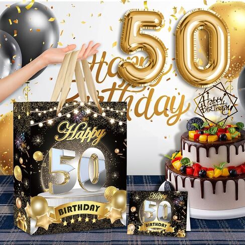 Allparty Black Gold 50th Birthday Gift Bag with Card and Tissue Paper Large 50th Birthday Wrap Paper Bag for Anniversary Party Favors Supplies Decorations in Saudi Arabia