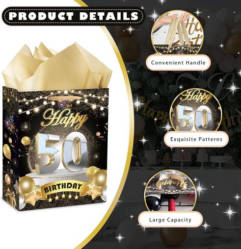 Allparty Black Gold 50th Birthday Gift Bag with Card and Tissue Paper Large 50th Birthday Wrap Paper Bag for Anniversary Party Favors Supplies Decorations in Saudi Arabia