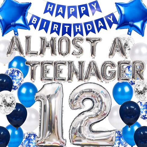 12th Birthday Decorations for Boys Blue, Almost a Teenager 12th Birthday Balloons Silver 12th Birthday Banner Number 12 Star Foil Balloons Confetti Balloons for 12 Years Old Birthday Boys(12th) in Kuwait