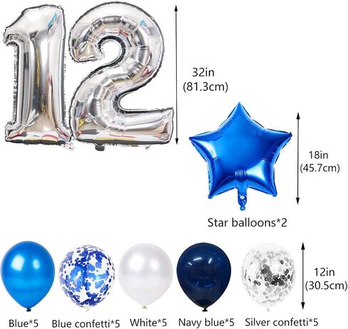12th Birthday Decorations for Boys Blue, Almost a Teenager 12th Birthday Balloons Silver 12th Birthday Banner Number 12 Star Foil Balloons Confetti Balloons for 12 Years Old Birthday Boys(12th) in Kuwait