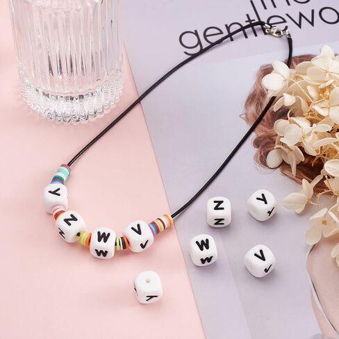 Beadthoven 100pcs خطاب السيليكون E Beads Bulk 12mm مكعب أبجدية حبات السيليكون البؤرية مفهومة فضفاضة حبات رسائل متنوعة من المطاط الأبيض لسلسلة سوار تصنيع أحلام الحبل المجوهرات DIY in Kuwait