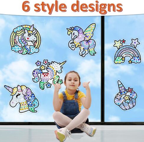 Yazhiji 6 Sheets Diamond Window Art Craft Kits for Kids, Suncatcher Kit for Ages 6 7 8 9 10 Flower Sun Dolphin DIY Painting Kit for Girls or Boys Ages 6+ Gemstone Sticker as Christmas Party Decor in Saudi Arabia