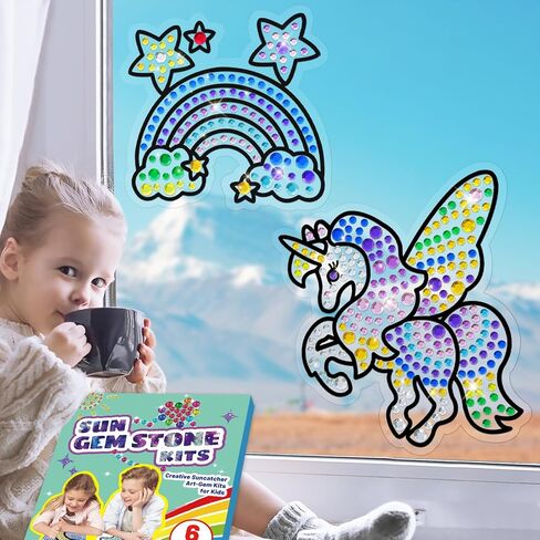 Yazhiji 6 Sheets Diamond Window Art Craft Kits for Kids, Suncatcher Kit for Ages 6 7 8 9 10 Flower Sun Dolphin DIY Painting Kit for Girls or Boys Ages 6+ Gemstone Sticker as Christmas Party Decor in Saudi Arabia